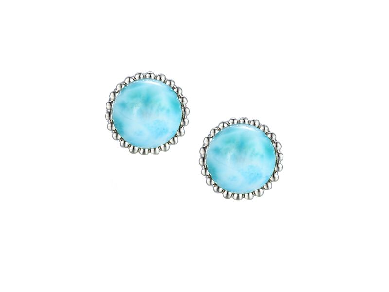 Sterling Silver Larimar Cabouchon Rope Edge Stud Earrings Sterling Silver Larimar Cabouchon Rope Edge Stud Earrings