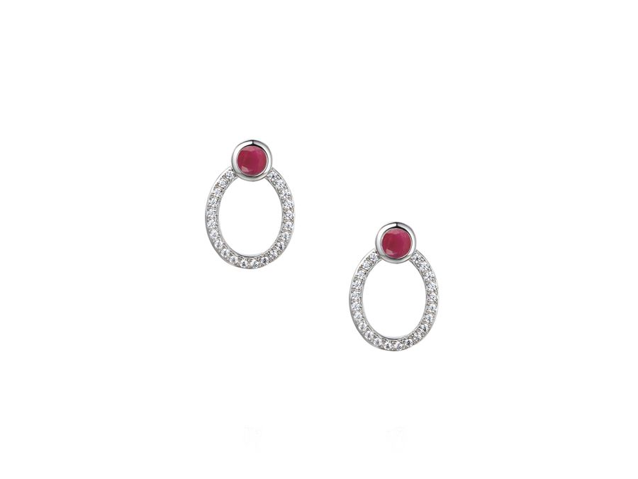 Sterling Silver Ruby &amp; Cubic Zirconia Open Oval Earrings