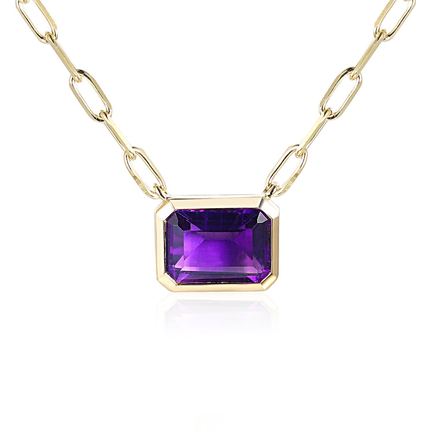 9ct Yellow Gold Octagon Amethyst Rubover Pendant & Paperlink Chain 9ct Yellow Gold Octagon Amethyst Rubover Pendant & Paperlink Chain