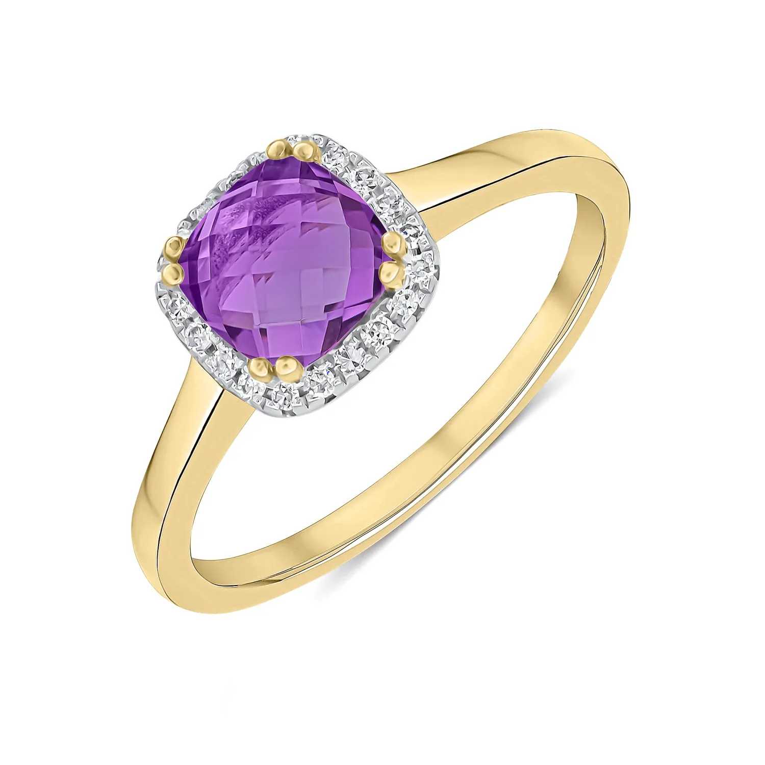 9ct Yellow Gold Checkerboard Cut Amethyst & Diamond Cluster Ring 9ct Yellow Gold Checkerboard Cut Amethyst & Diamond Cluster Ring