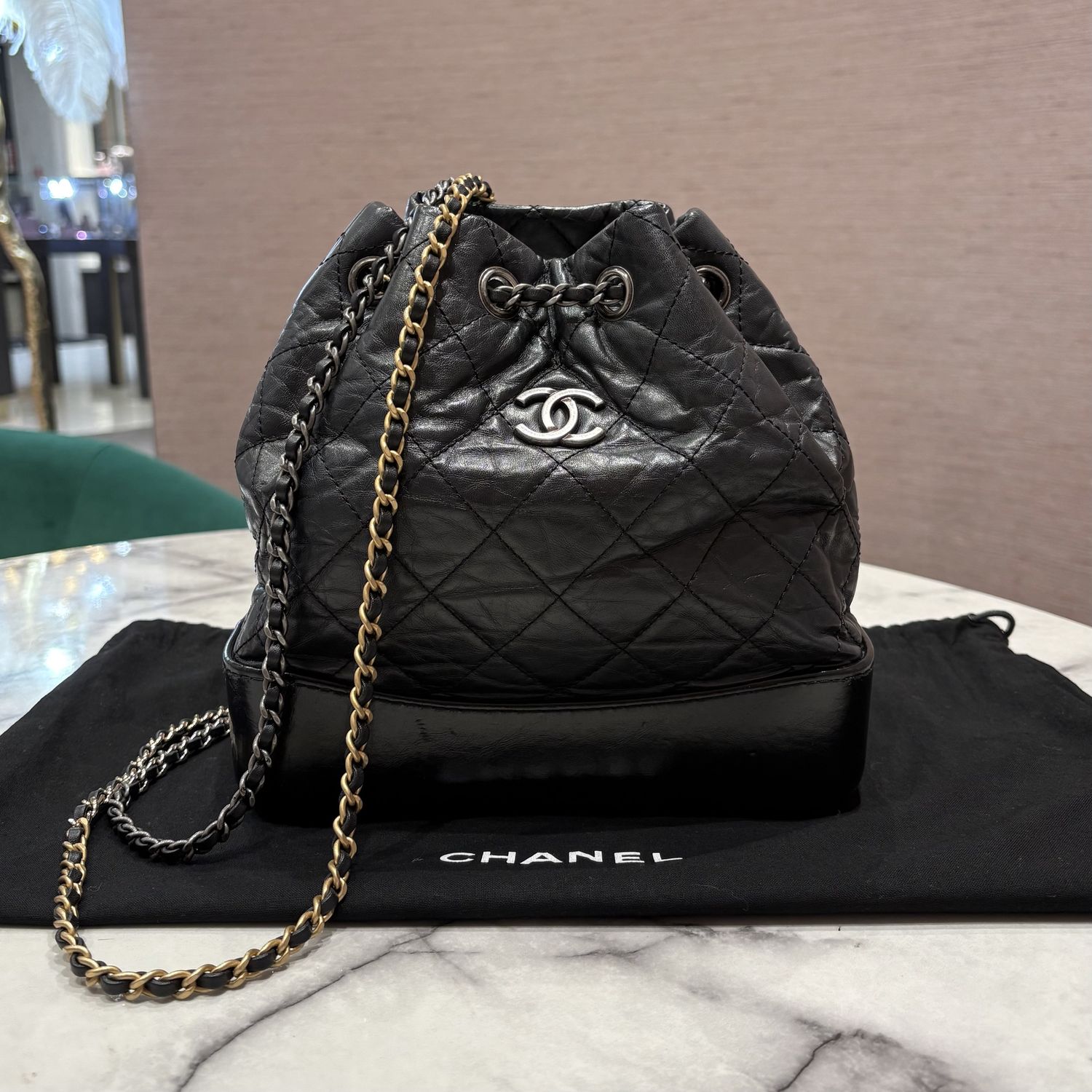 Pre-Owned Chanel Gabrielle Small Backpack, Black Calfskin, Multi Hardware