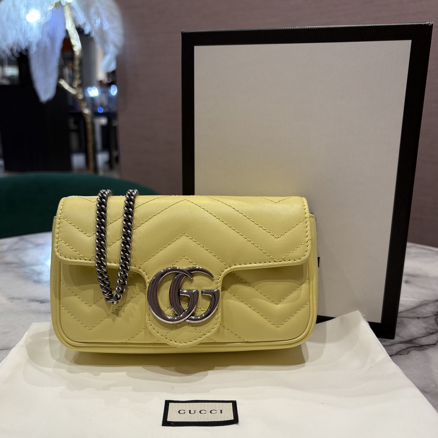 Pre-Owned Gucci GG Marmont Super Mini Flap Bag in Banana Yellow Calfskin
