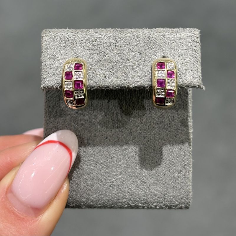 Pre-Owned 9ct Yellow Gold Ruby &amp; Diamond Drop Cuff Stud Earring