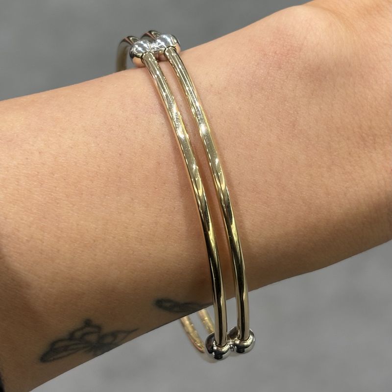 Pre-Owned 9ct Yellow Gold 2 Bar Slave Bangle with White Gold Balls