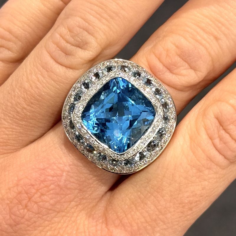 Pre-Owned 18ct White Gold 11.60ct Blue Topaz, 2.20ct Aquamarine &amp; 0.60ct Diamond Cocktail Ring