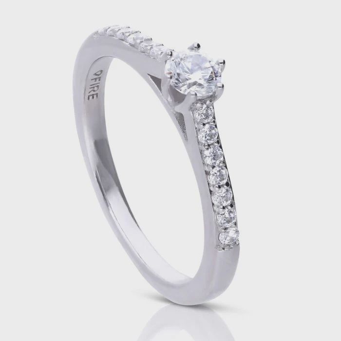 Silver Six Claw Solitaire Ring with Pave Shoulders Silver Six Claw Solitaire Ring with Pave Shoulders