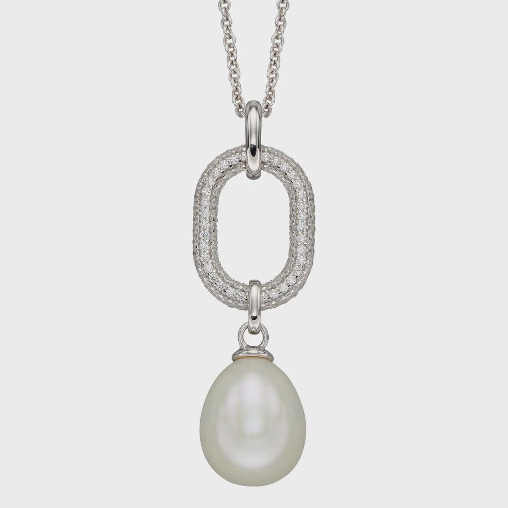 Silver Pearl Drop Pendant with Cubic Zirconia