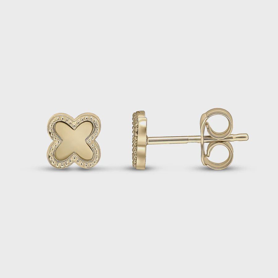 9ct Yellow Gold Beaded Edge Clover Stud Earrings