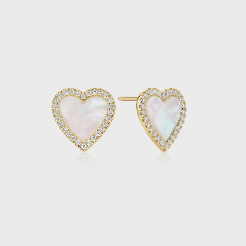 Silver Gold Plated Mother of Pearl Halo Heart Stud Earrings