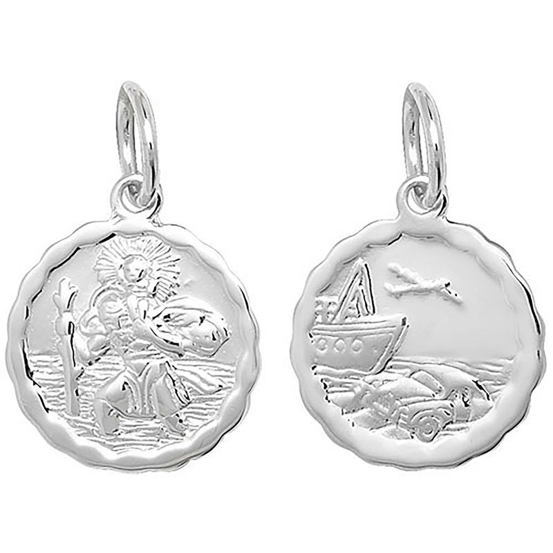 Silver St Christopher Double Sided Wavy Edge Round Pendant