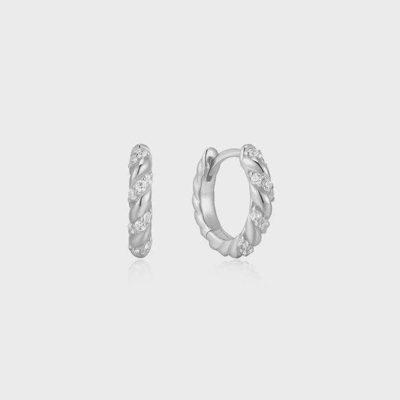 Silver Sparkle Twisted Huggie Hoop Earrings, Colour: Silver