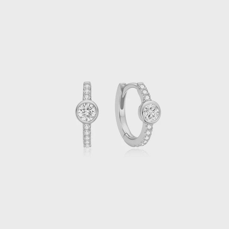 Silver Pavé Row &amp; Bezel-Set Huggie Hoop Earrings