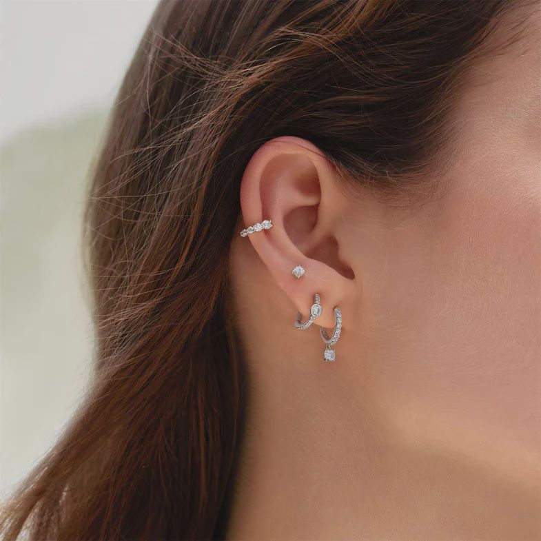 Silver Pavé Row &amp; Bezel-Set Huggie Hoop Earrings