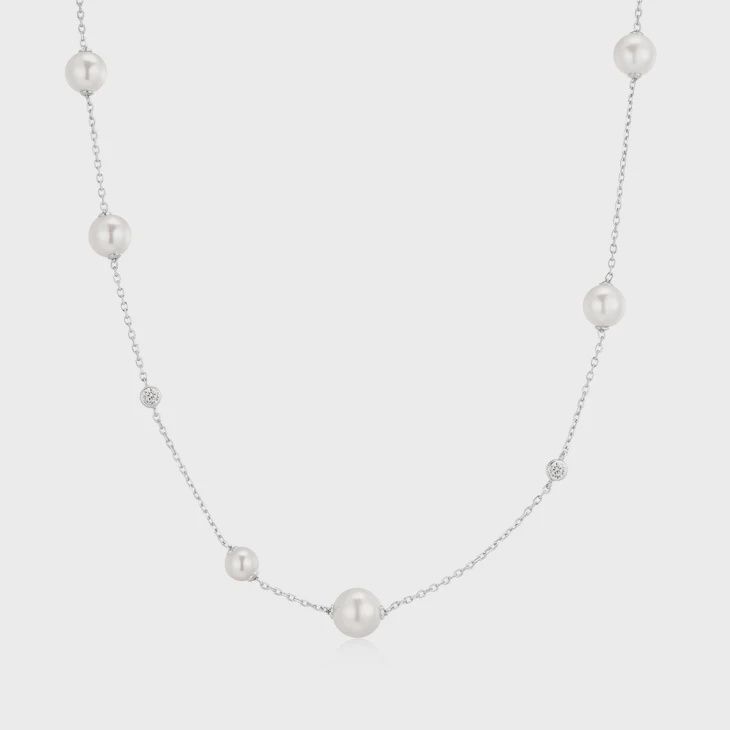Silver Asymmetric Shell Pearl Station Necklace