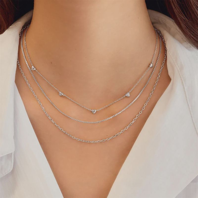 Silver Pavé Puffed Heart Station Necklace