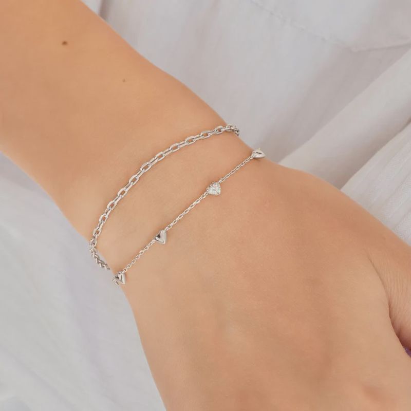 Silver Pavé Puffed Heart Station Bracelet