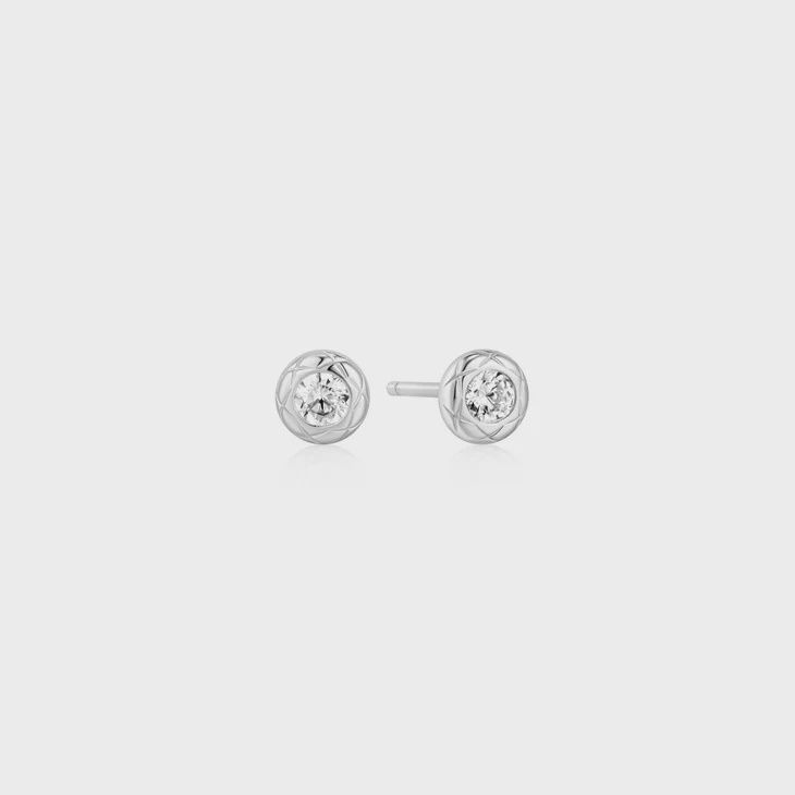 Silver Textured Bezel-Set Stud Earrings, Colour: Silver