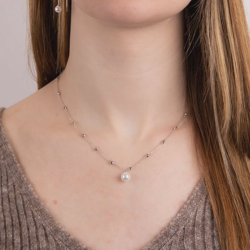 Silver Station Necklace with Shell Pearl