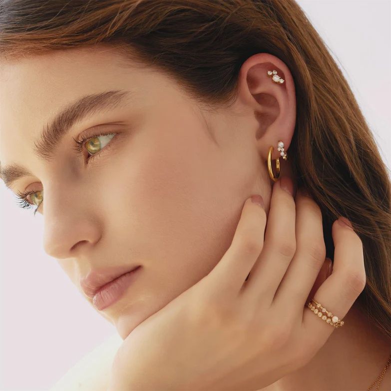 Gold Shell Pearl Cluster Huggie Hoop Earrings