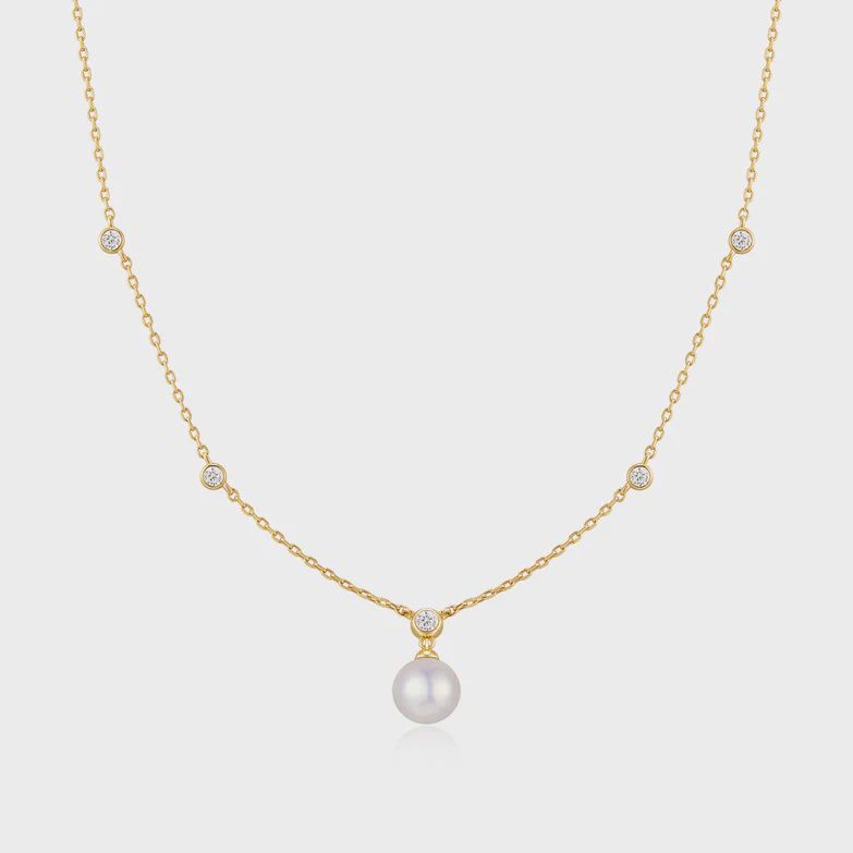 Gold Bezel-Set Station Necklace with Shell Pearl Pendant Gold Bezel-Set Station Necklace with Shell Pearl Pendant