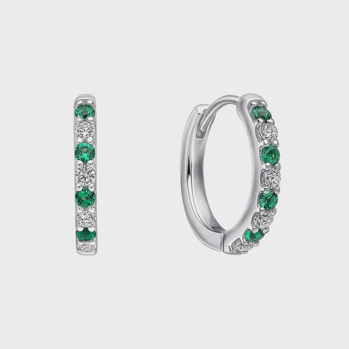 Silver Two Tone Zirconia Hoop Earrings, Colour: Green