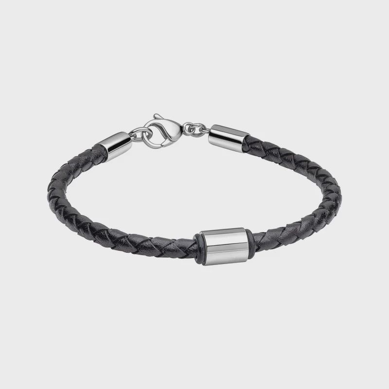 Father Stainless Steel &amp; Black Leather Shiny Finish Bracelet