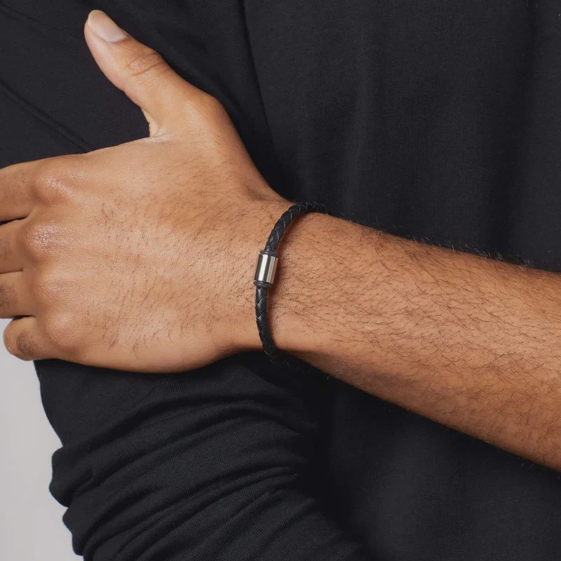 Father Stainless Steel &amp; Black Leather Shiny Finish Bracelet
