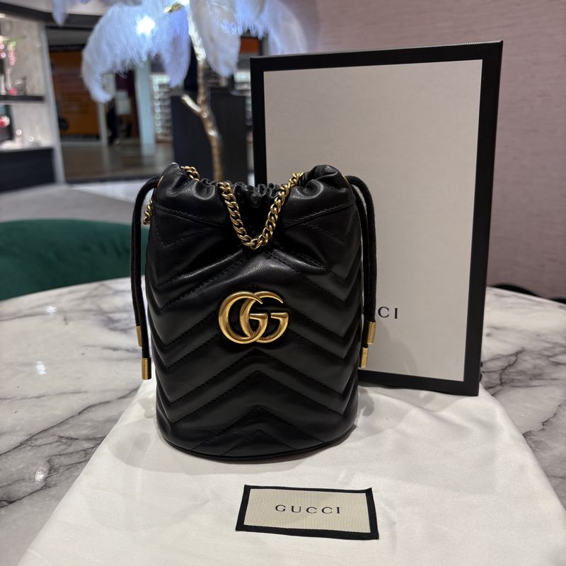 Pre-Owned Gucci Marmont GG 2.0 Mini Bucket Bag in Black Calfskin with Aged Gold Hardware