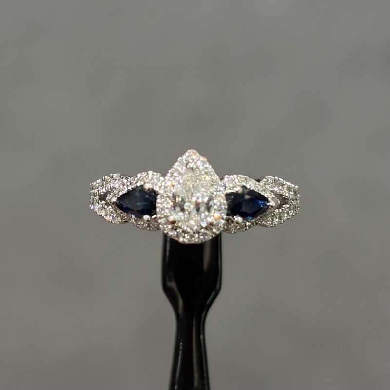 Pre-Owned Vera Wang 14ct White Gold 0.88ct Diamond & 0.50ct Sapphire Pear Cut Engagement Ring