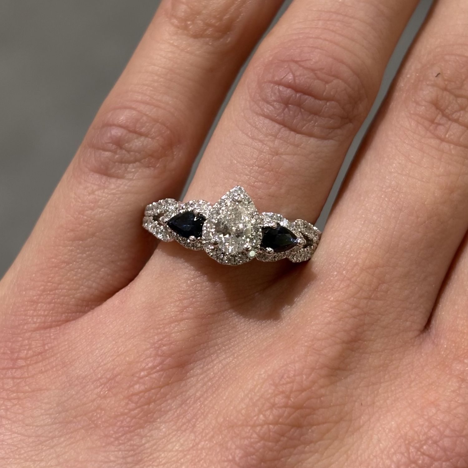 Pre-Owned  Vera Wang 14ct White Gold 0.88ct Diamond &amp; 0.50ct Sapphire Pear Cut Engagement Ring