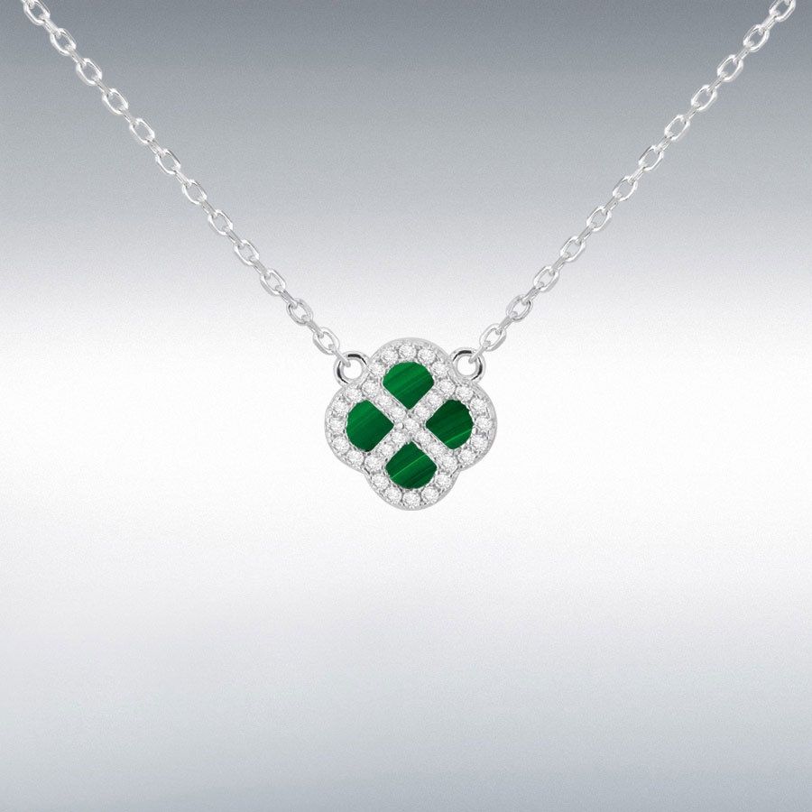 Sterling Silver Rhodium Plated Clover Malachite and White CZ Adjustable Necklace