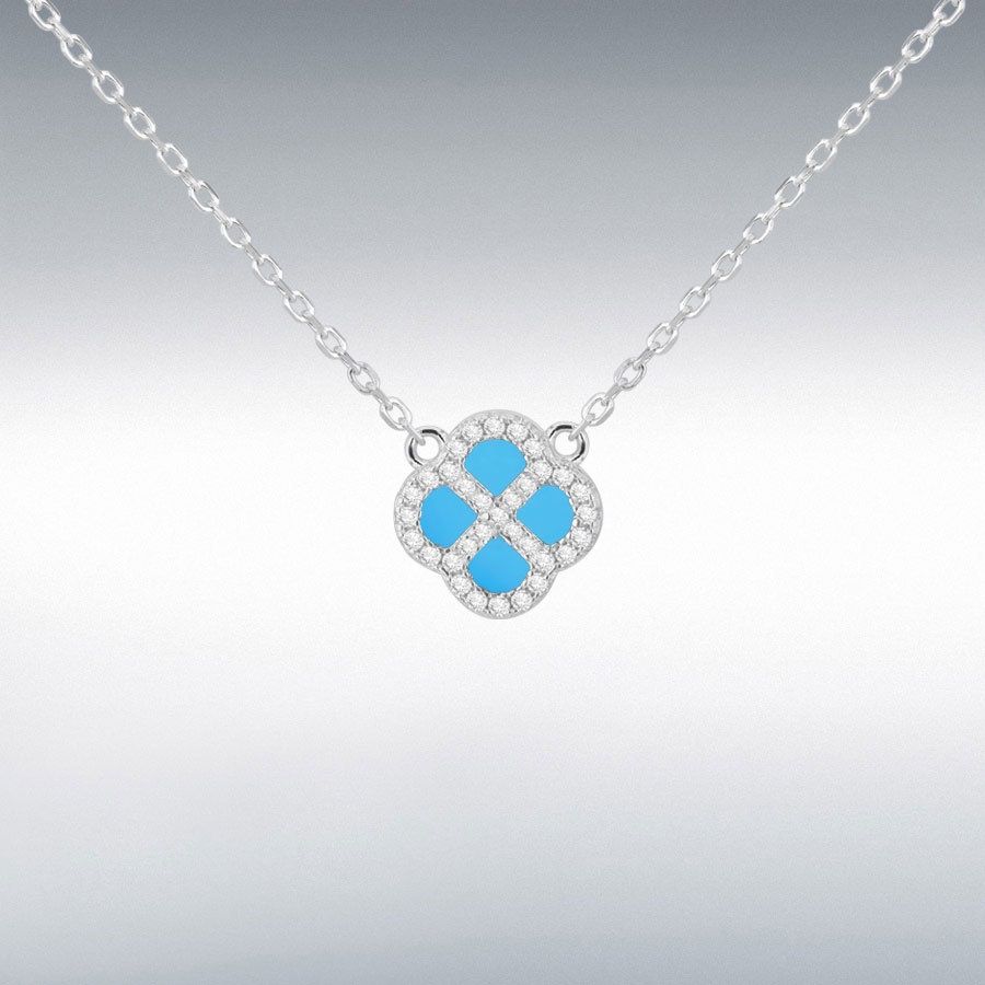 Sterling Silver Rhodium Plated Clover Synthetic Turquoise and White CZ Adjustable Necklace