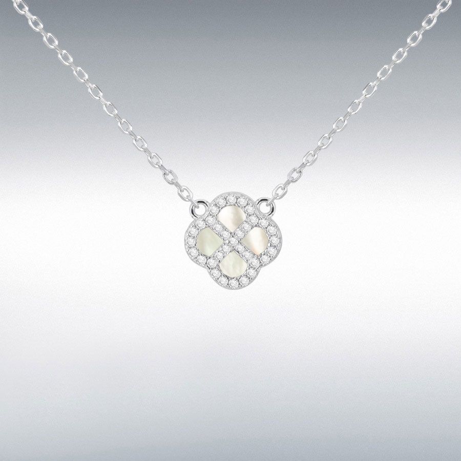 Sterling Silver Rhodium Plated Clover Mother Of Pearl and White CZ Adjustable Necklace