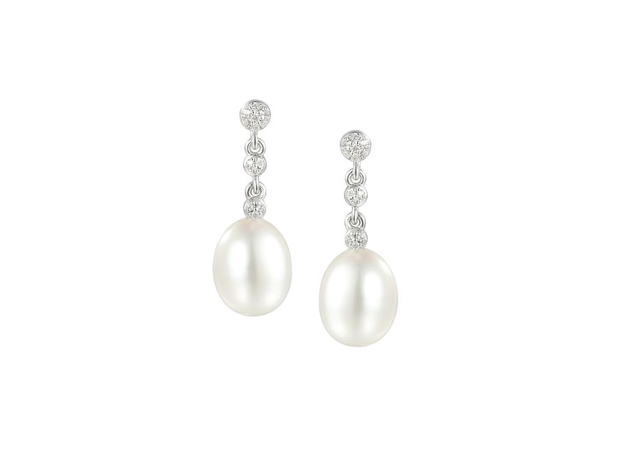 Sterling Silver Oval Pearl & Cubic Zirconia Affinity Drop Earrings Sterling Silver Oval Pearl & Cubic Zirconia Affinity Drop Earrings