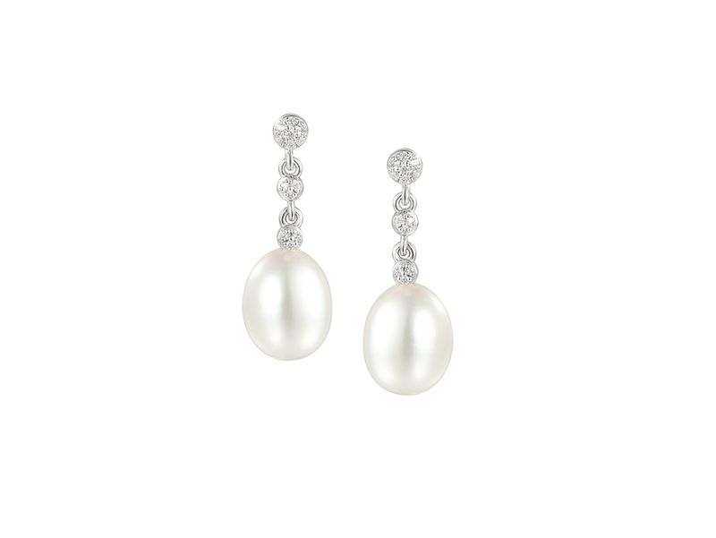 Sterling Silver Oval Pearl &amp; Cubic Zirconia Affinity Drop Earrings