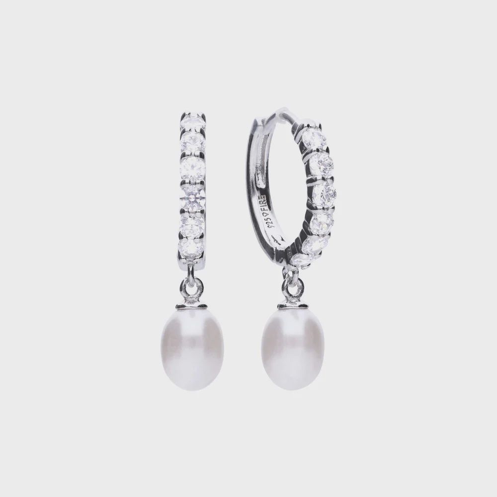 Pearl Drop Hoop Earrings with Pave Zirconia