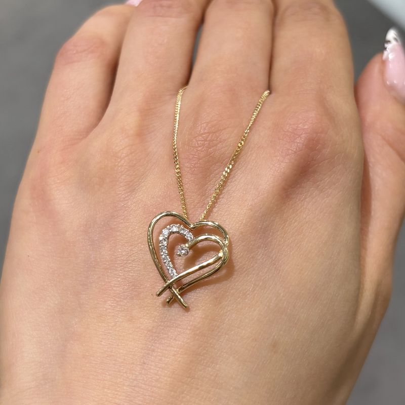 Pre-Owned 9ct Yellow Gold 0.10ct Diamond Double Heart Pendant