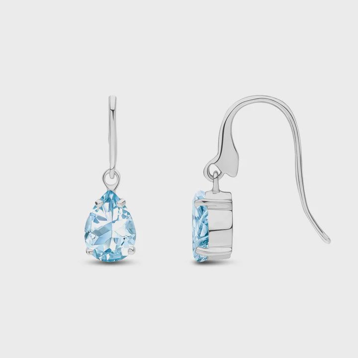 9CT White Gold Pear Shaped Aquamarine Claw Drop Earrings 7x5mm