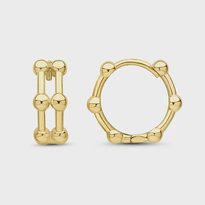 9CT Yellow Gold Two Row Bar &amp; Ball Huggy Hoop Earrings 14mm