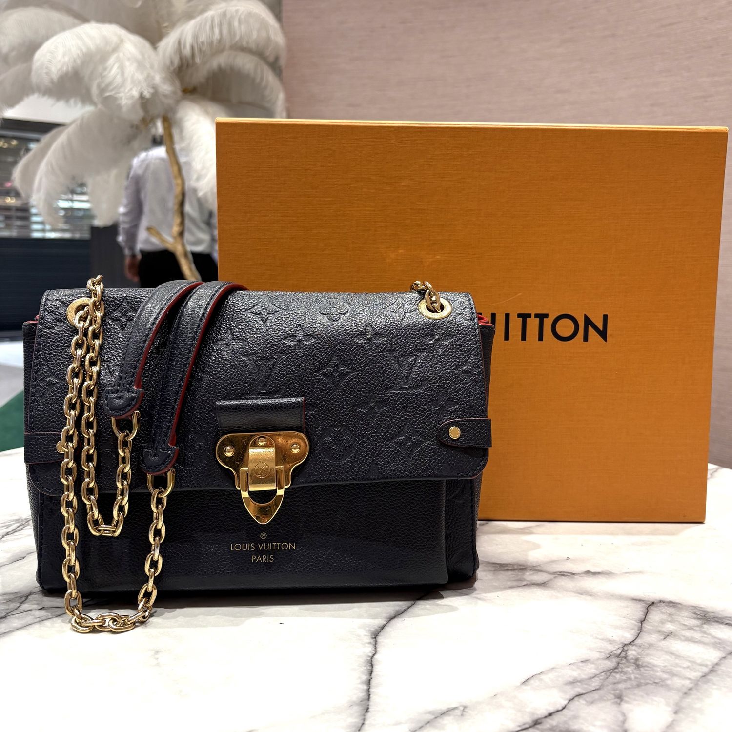 Pre-Owned Louis Vuitton Vavin PM Bag in Navy Embossed Monogram Empriente Leather & Red Trim Pre-Owned Louis Vuitton Vavin PM Bag in Navy Embossed Monogram Empriente Leather & Red Trim