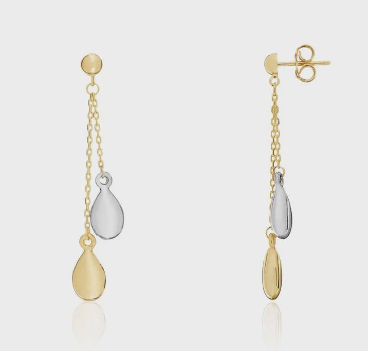 9ct Two Tone White &amp; Yellow Gold Pear &amp; Chain Drop Earrings