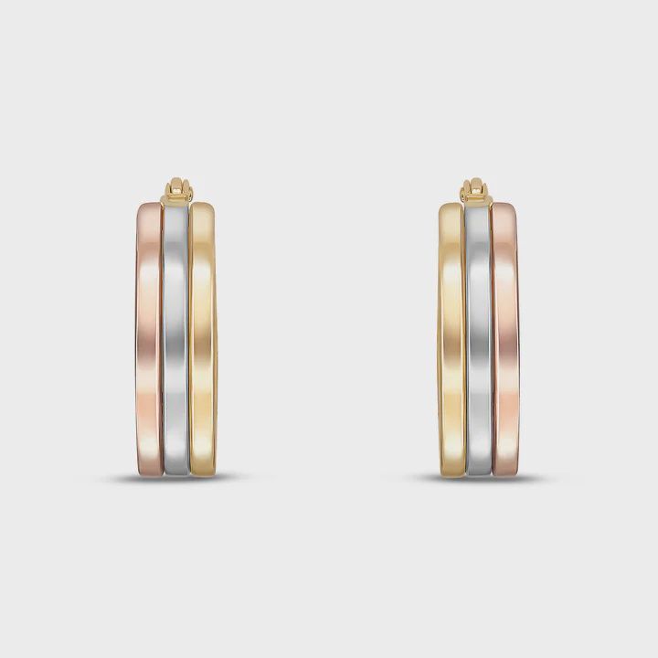 9ct Three Tone Yellow, White & Rose Gold Three Row Flat Hoop Earrings