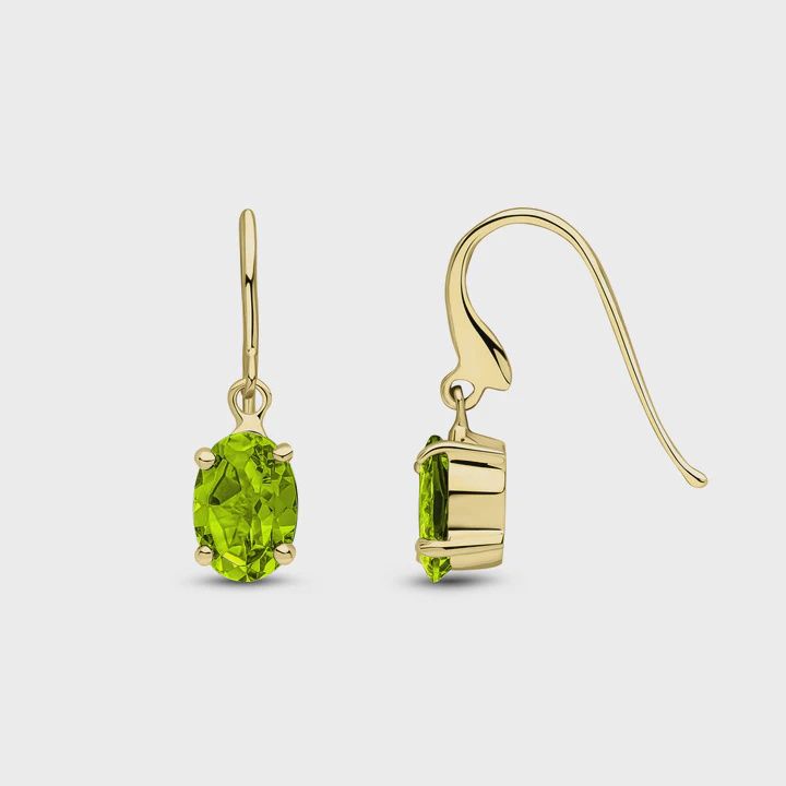 9CT Yellow Gold Oval Shaped Peridot Claw Hook Drop Earrings 7x5mm