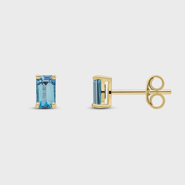 9ct Yellow Gold Octagonal London Blue Topaz Claw Stud Earrings 5x3mm