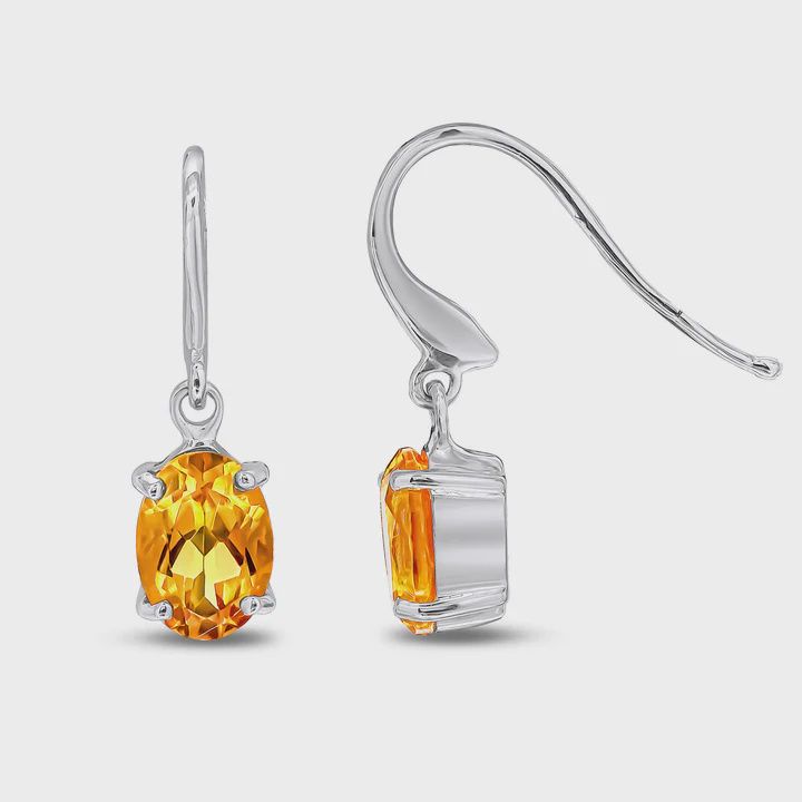 9ct White Gold Oval Citrine Claw Hook Drop Earrings 7x5mm