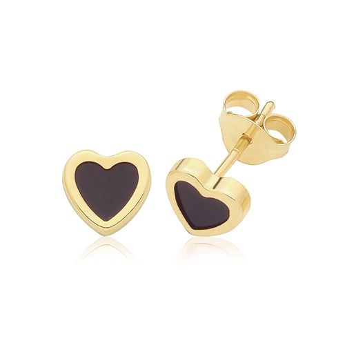 9ct Yellow Gold Onyx Heart Studs
