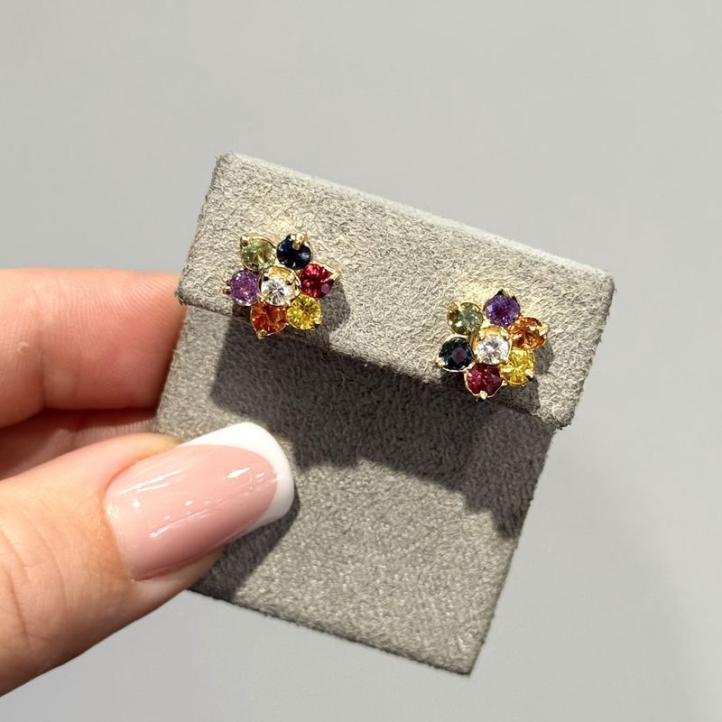 Pre-Owned 14ct Yellow Gold Multi-Gemstone Flower Cluster Stud Earrings Pre-Owned 14ct Yellow Gold Multi-Gemstone Flower Cluster Stud Earrings