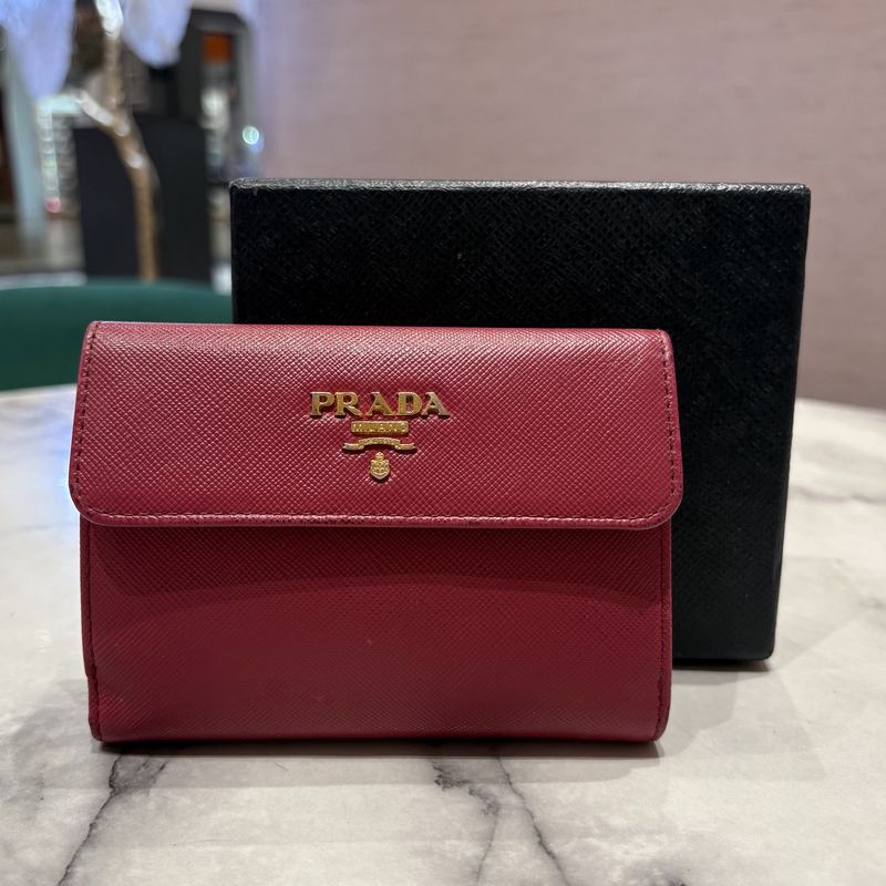 Pre-Owned Prada Saffiano Tri-Fold Compact Wallet in Pink Hibiscus Leather Pre-Owned Prada Saffiano Tri-Fold Compact Wallet in Pink Hibiscus Leather