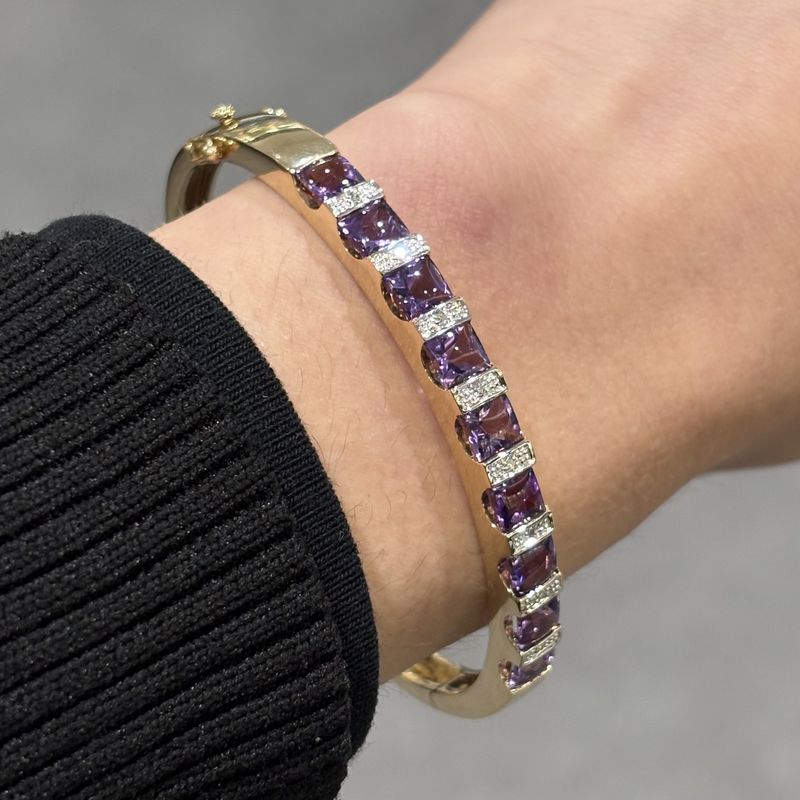 Pre-Owned 9ct Yellow Gold Amethyst &amp; Diamond Bangle 14.7g