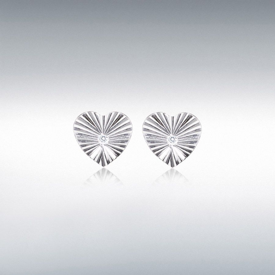 Sterling Silver CZ Concertinaed-Heart Stud Earrings
